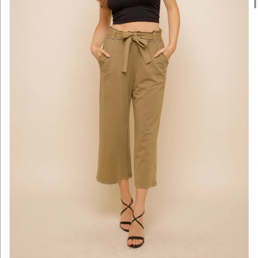 🆕Olive Green French Terry Paperbag Waist Tie High Waist Wide Leg Pants S,M & L - Picture 2 of 16